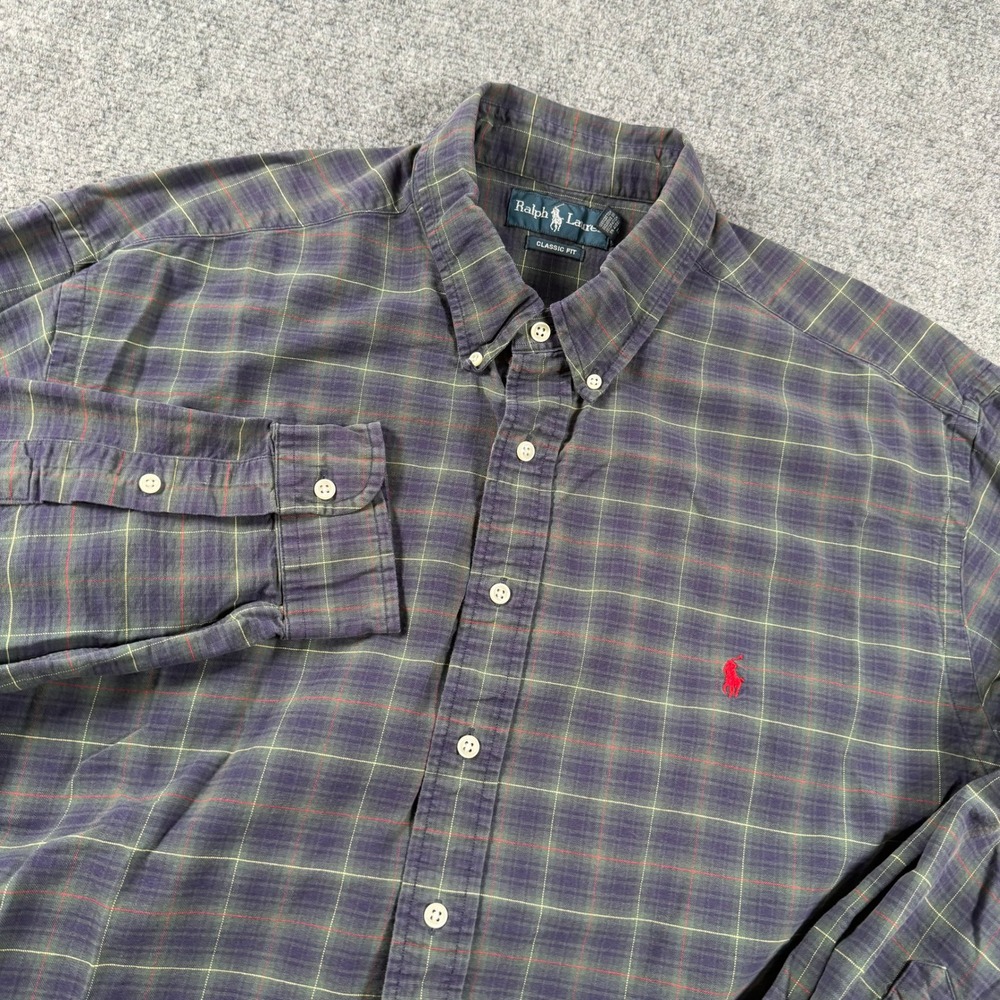 Ralph Lauren Button Down Shirt Mens 2XB Blue Plaid Classic Fit Long Sleeve Pony